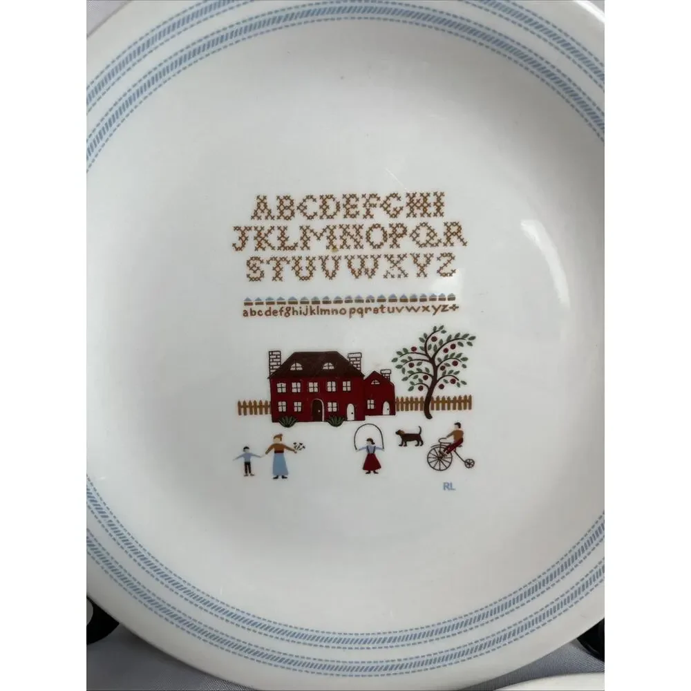 Two Ralph Lauren 7.75” Wedgwood Sampler Plates Americana Alphabet Cross Stitch